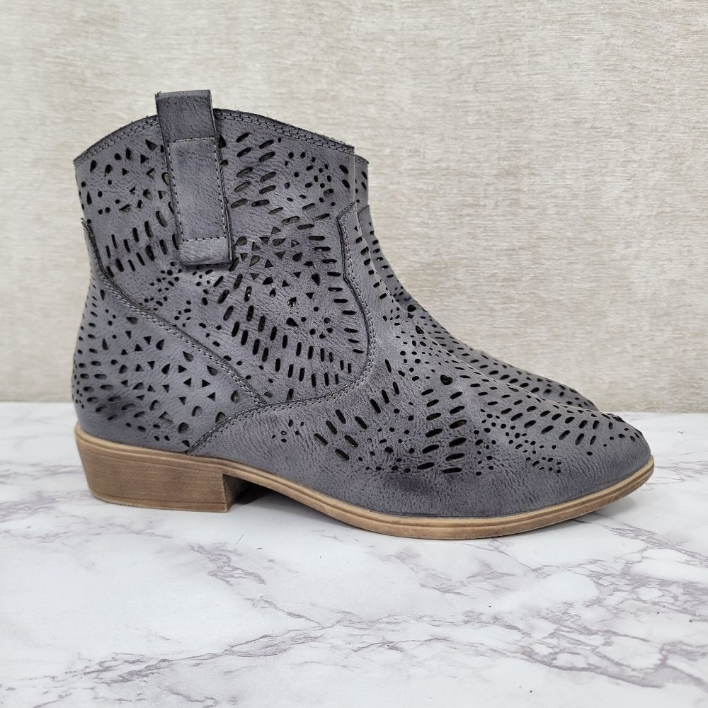 Volatile Smoke Gray Lavendar Faux Leather Laser Cut Perforated Ankle Boots